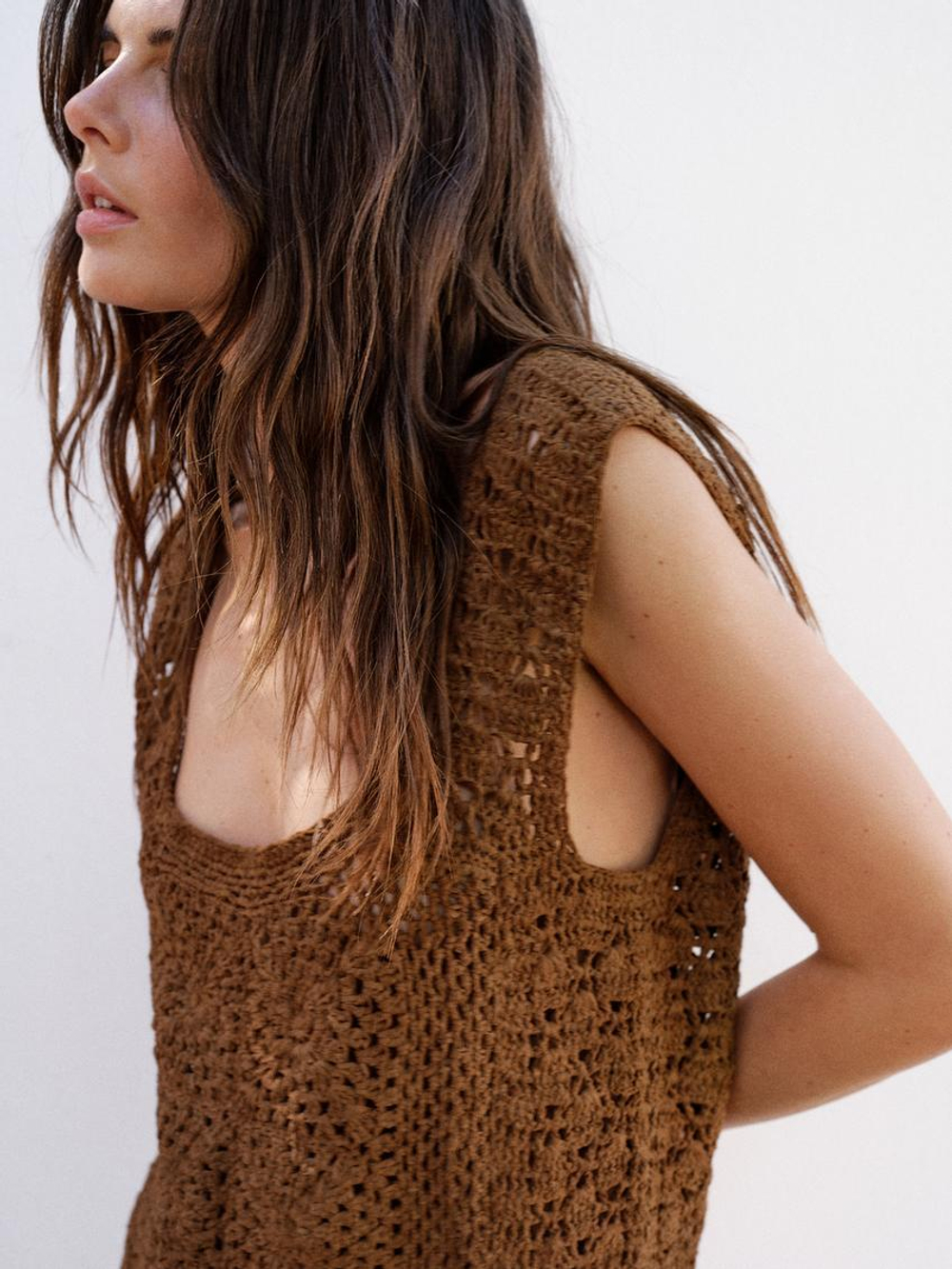 Massimo Dutti Замшевый топ из кружева кроше, коричневый