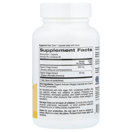 Super Nutrition, органический гриб чага с имбирём, 60 вегетарианских капсул