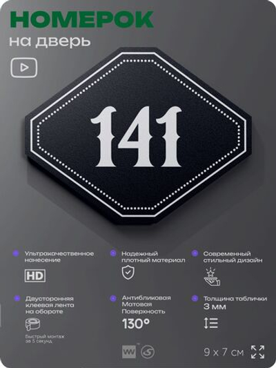 Номерок на дверь квартиры 141, для кабинета, офиса, шильдик 9 х 7 см, черный, Айдентика Технолоджи