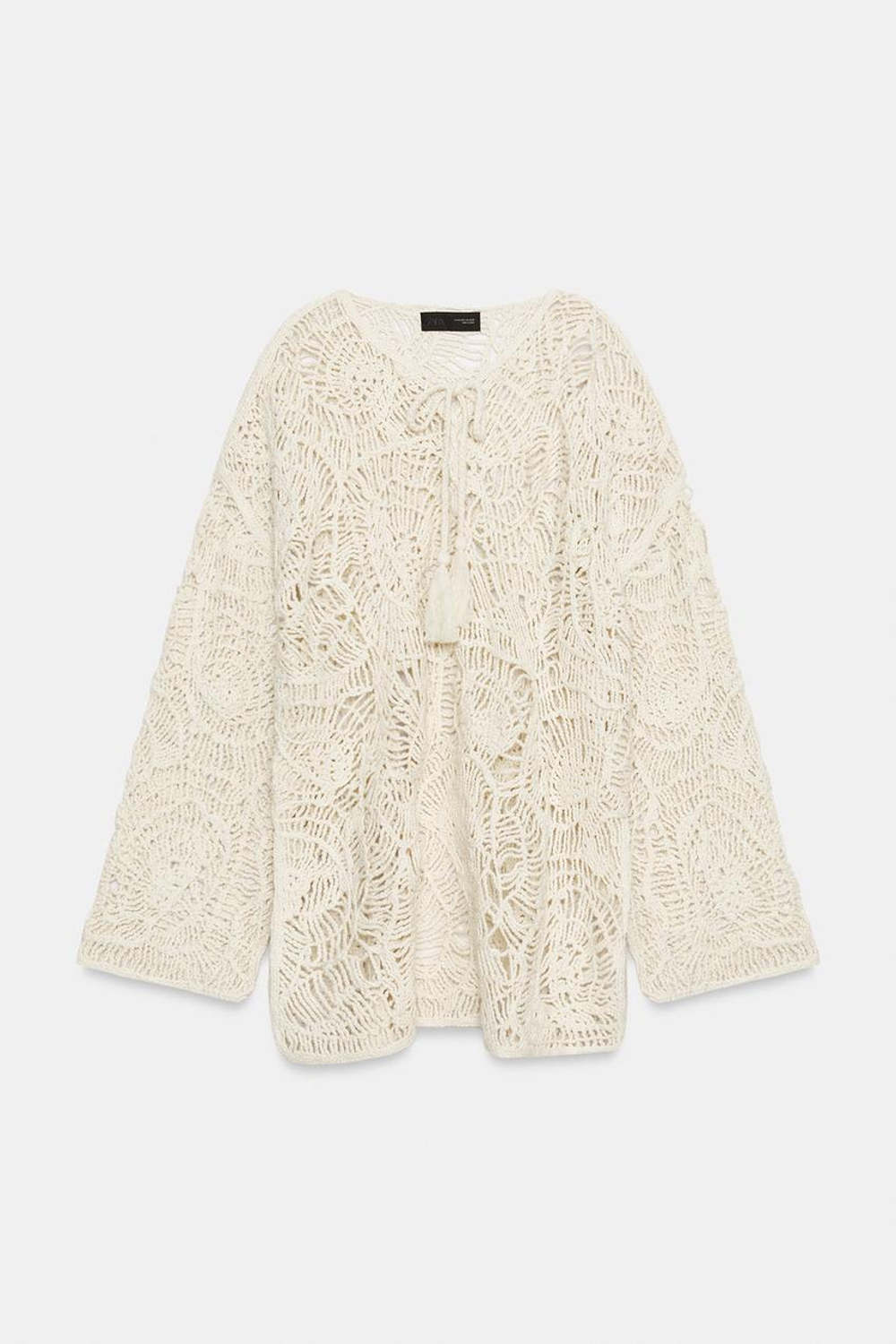 ZARA АЖУРНОЕ ТРИКОТАЖНОЕ ПЛАТЬЕ С КИСТОЧКАМИ, ЭКРЮ