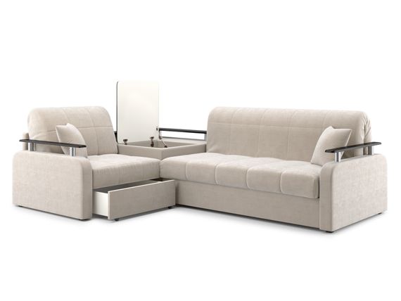 Диван угловой с Баром Денвер 1,2 - Velutto 17 бежевый/ коричневая накладка