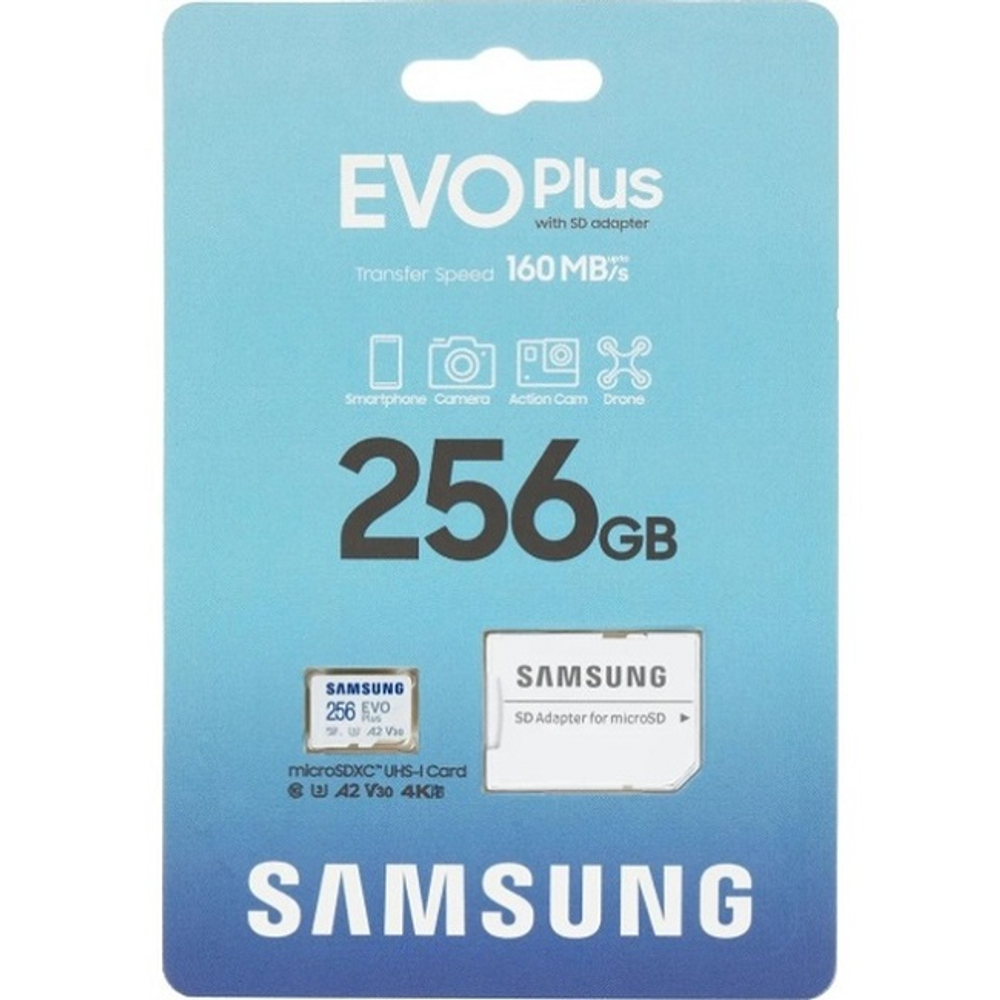 Карта памяти MicroSD 256Gb Samsung EVO Plus, SDXC, UHS-I, U3, Class 10, 160 Mb/s (MB-MC256SA)
