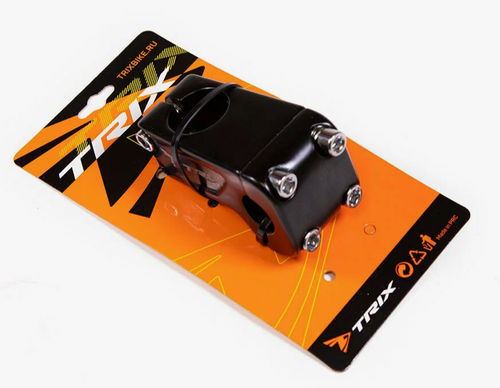 Вынос руля TRIX, алюминиевый кованый, BMX, для б/резьбовой вилки 1-1/8", под руль 22,2мм, четырехболтовый,  l-30мм, глянцевый черный (50)