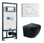 Унитаз подвесной WeltWasser MARBERG 507 + MERZBACH 043 GL-BL + MAR 507 RD GL-WT черный глянцевый, безободковый, с крышкой микролифт, слив-торнадо, с инсталляцией и белой глянцевой кнопкой