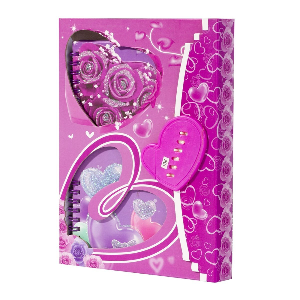 Блокнот в футляре 14 см * 20 см, гребень, Alingar, ламинация, глиттер, клапан с кодовым замочком, 50 л., линия,"Три сердца", сиреневый