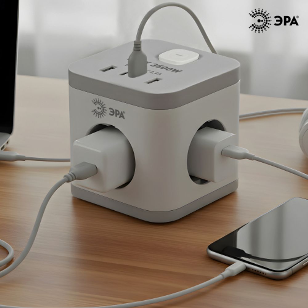 Удлинитель электрический ЭРА CUBE-3es-1,5m-4USB-W куб с заземлением с выключателем 3 розетки+4xUSBA+C 1,5м 16А белый | Бытовые удлинители