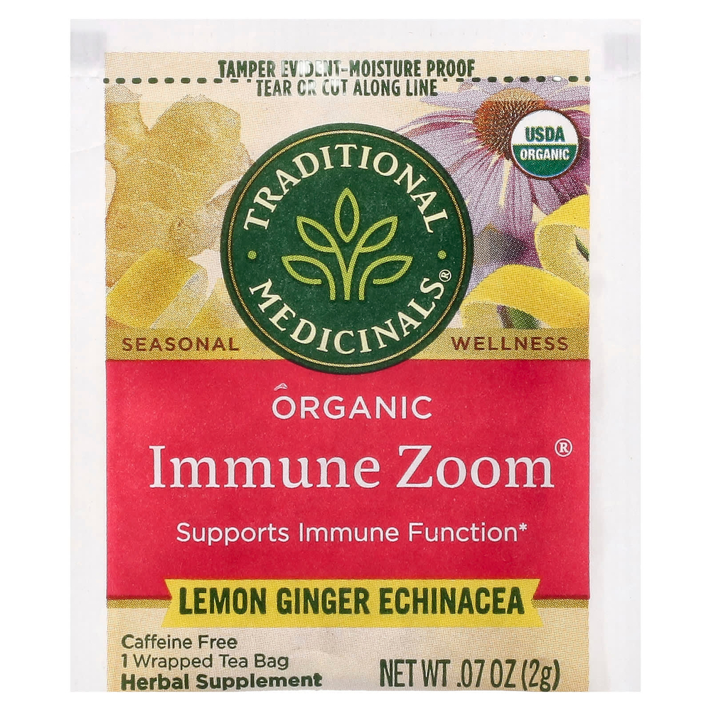 Traditional Medicinals, Organic Immune Zoom®, эхинацея с лимоном и имбирем, без кофеина, 16 чайных пакетиков в упаковке, 32 г (1,13 унции)