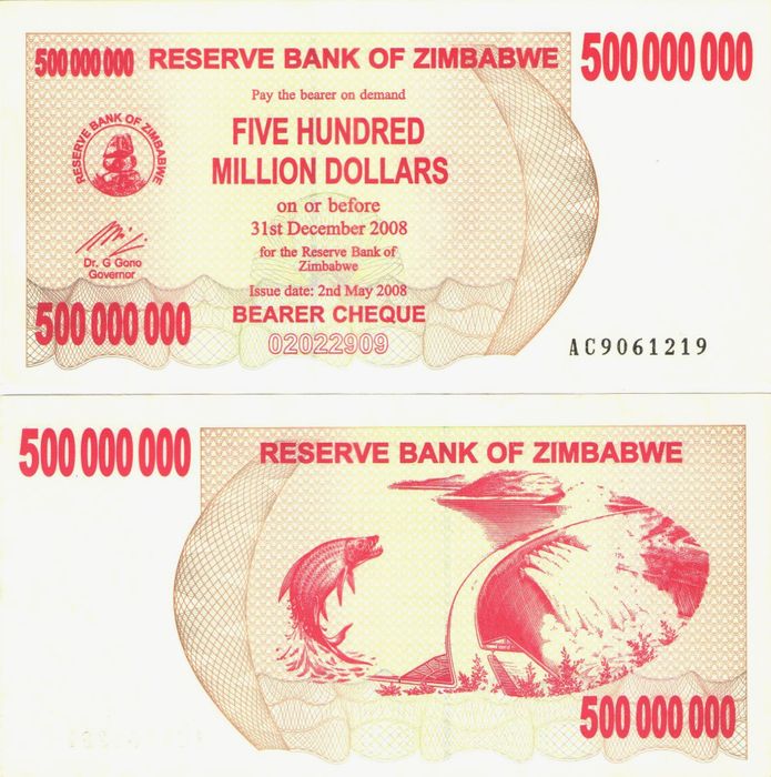 500 000 000 долларов 2008 Зимбабве (Bearer Cheque)