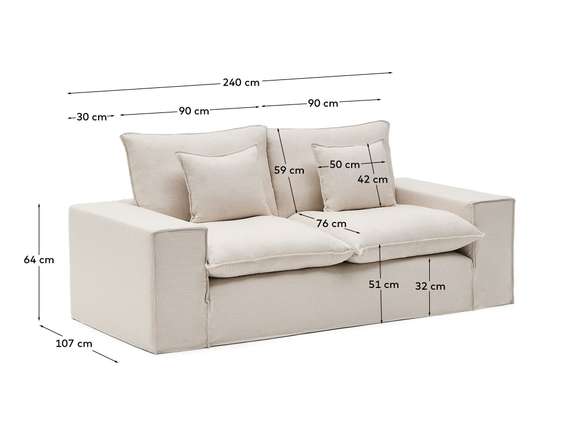 Двухместный диван Anarela 240 см, бежевый лен со съемным чехлом