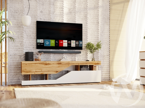 Тумба под ТВ секция №4 НКМ Дубай (белый жемчуг/дуб вотан)