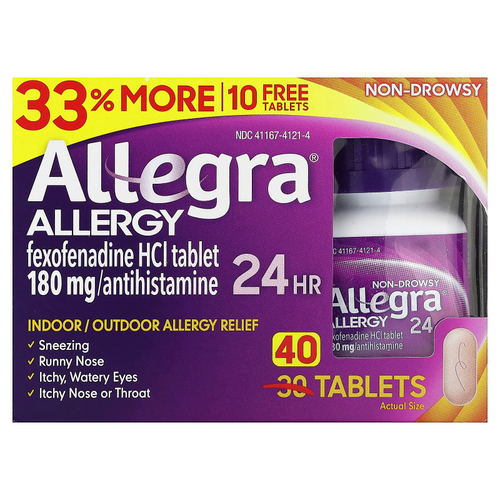 Allegra, Allergy 24 HR, не вызывает сонливость, 180 мг, 40 таблеток