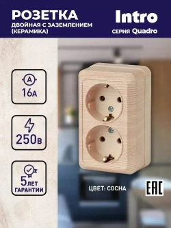 Розетка Intro Quadro 2-204-11 с заземлением двойная 2х2P+E Schuko 16А-250В IP20 открытой установки сосна