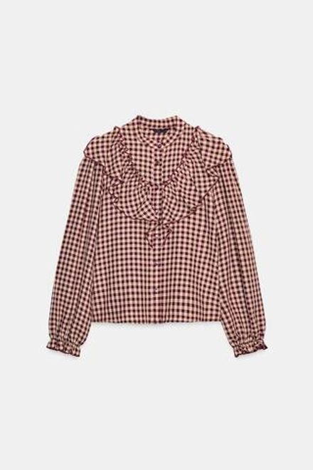 ZARA БЛУЗА В КЛЕТКУ ВИШИ С ВОЛАНАМИ, БУРГУНДИ