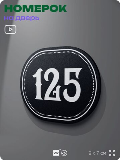 Номерок на дверь квартиры 125, для кабинета, офиса, шильдик 9 х 7 см, черный, Айдентика Технолоджи