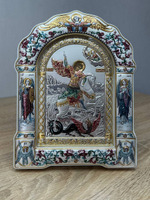 Георгий Победоносец, икона арочная с рамкой под стеклом, белое дерево, эмаль 206х270