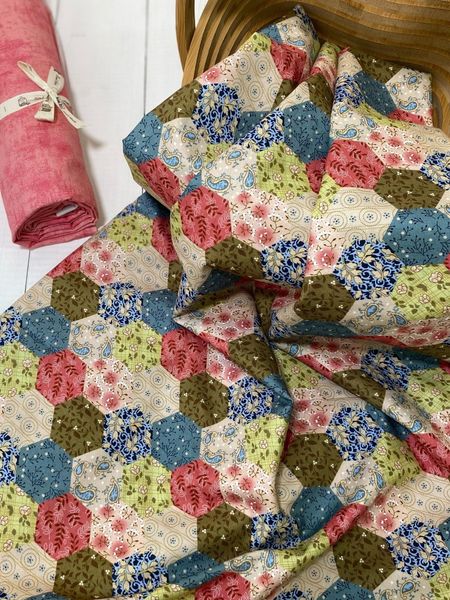 ГЕКСАГОНЫ БОТАНИКА ЗЕЛЕНО-БИРЮЗОВЫЕ, отрез 35 см 100% хлопок Handmade Fabrics 3
