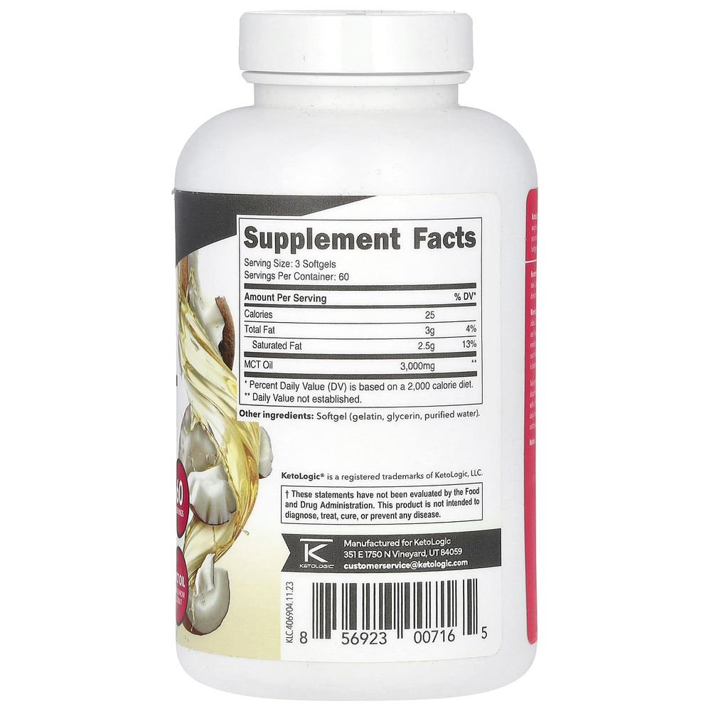 KetoLogic, Масло MCT, 180 капсул (1000 мг в каждой капсуле)