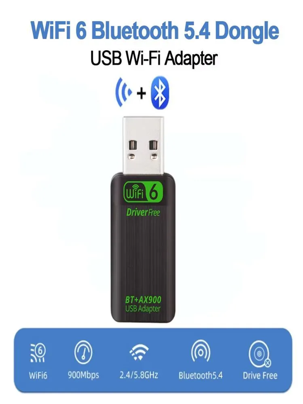 USB WiFi 6 адаптер 600 Мбит/с Bluetooth 5.4 AX900 2-в-1 адаптер двухдиапазонный 2.4G и 5 ГГц без драйверов Windows 10/11 для ноутбука/ПК беспроводная локальная карта