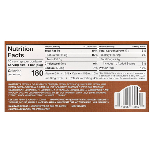 Laird Superfood, Протеиновый батончик Superfood + адаптогены, двойной шоколад с арахисовой пастой, 10 батончиков по 45 г (1,6 унции)