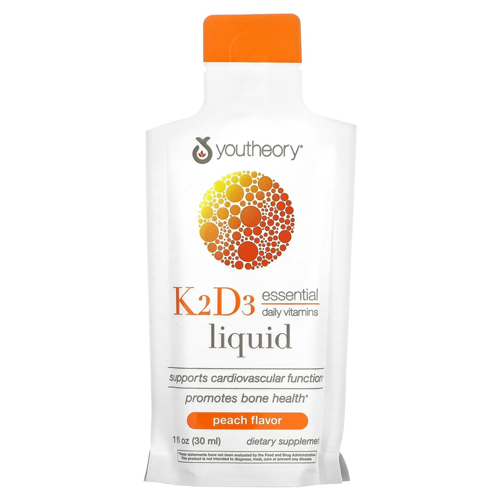 Youtheory, Liquid K2 D3 On Th Go, персик, 12 пакетиков по 30 мл (1 жидк. Унция)