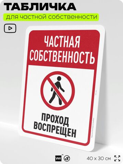 Табличка для частной территории "Частная собственность, проход воспрещен", на дом, для участка, организаций, предупреждающая, 40х30 см, Silver Plane x Айдентика Технолоджи