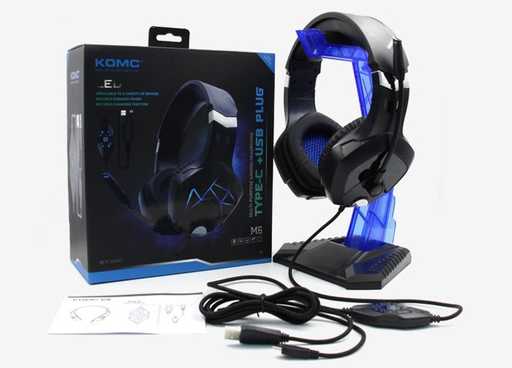 Накладные проводные наушники Komc M6 с МК Type-C+USB-LED black