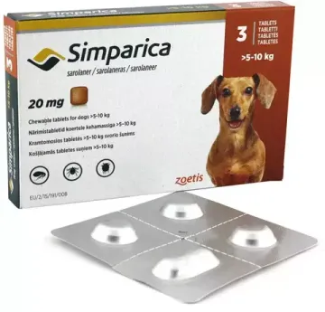 Zoetis таблетки от блох и клещей Симпарика 20 мг для собак 5,1-10 кг для щенков и собак от 5.1 до 10 кг 3 шт. в уп., 1 уп.