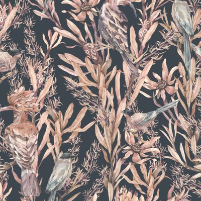 African birds and flowers on a dark background