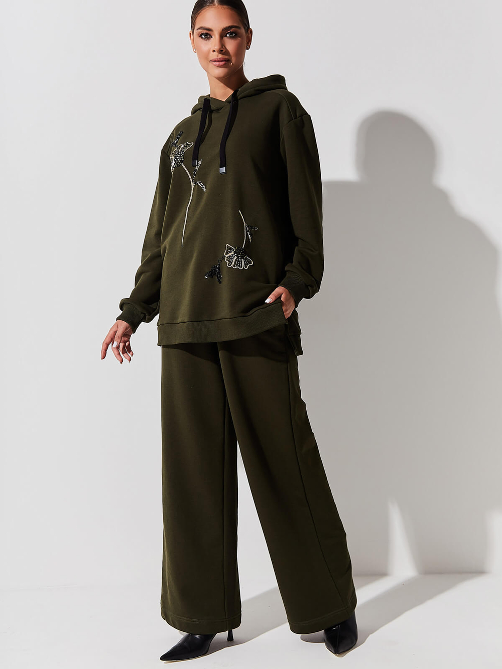 Брюки трикотажные палаццо, хаки