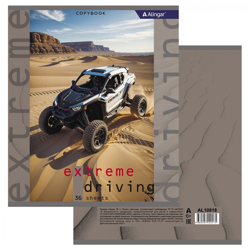 Тетрадь 36 л., А5, клетка, Alingar "Extreme driving", скрепка, второй блок, мелованный картон (стандарт), 4 дизайна в пленке т/у