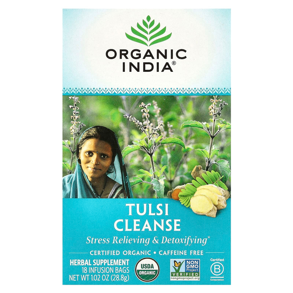 Organic India, Очищающий чай с тулси, без кофеина, 18 пакетиков, 28,8 г (1,02 унции)