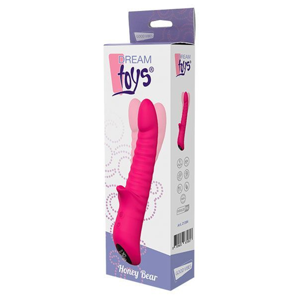 Розовый вибратор Honey Bear с ребрышками - 21,5 см. (Цвет: розовый)
