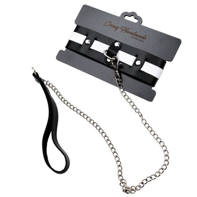 Черно-белый кожаный ошейник с поводком-цепочкой (Цвет: черный с белым)