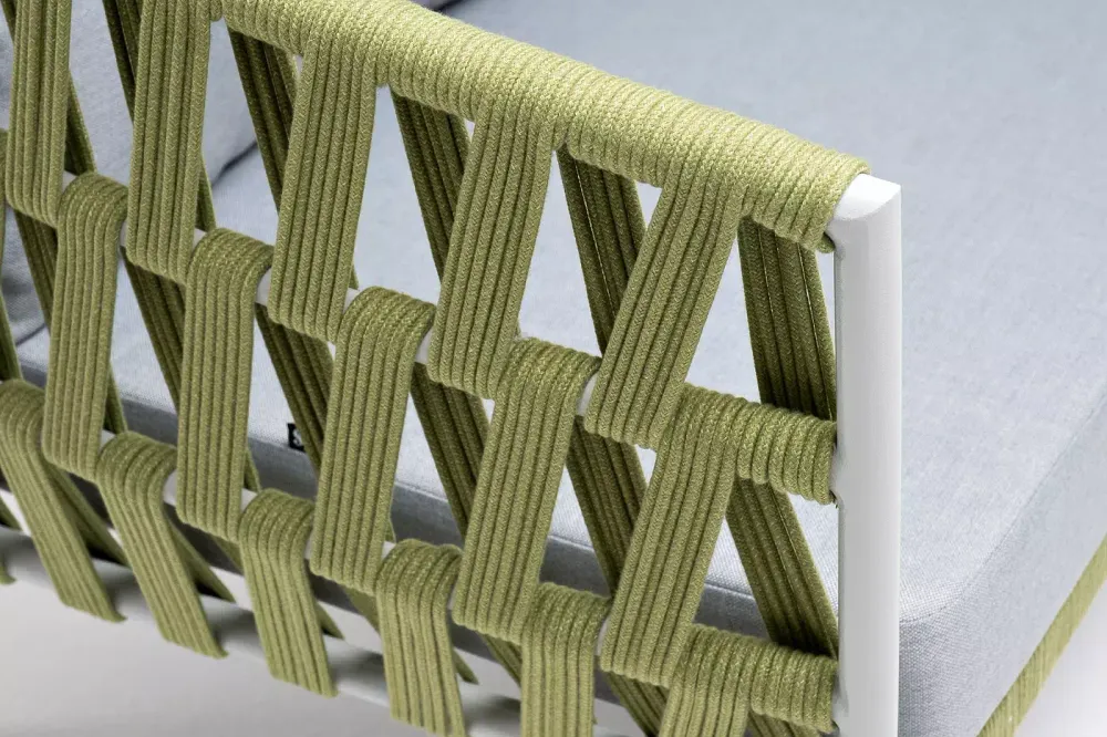 "Диего" диван 2-местный плетеный из роупа, каркас алюминий светло-серый (RAL7035) муар, роуп салатовый меланж круглый, ткань светло-серая