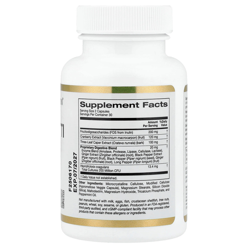 California Gold Nutrition, пробиотики для защиты от ИМП, с фруктоолигосахаридами, экстрактом клюквы, экстрактом кратевы и запатентованной пищеварительной смесью, 60 вегетарианских капсул