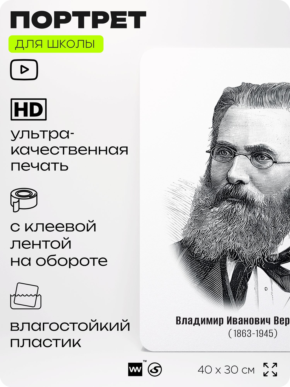 Портрет для школы в кабинет биологии "Владимир Иванович Вернадский", стенд школьный для класса, деятели науки для оформления классного уголка, 40х30 см, Silver Plane x Айдентика Технолоджи
