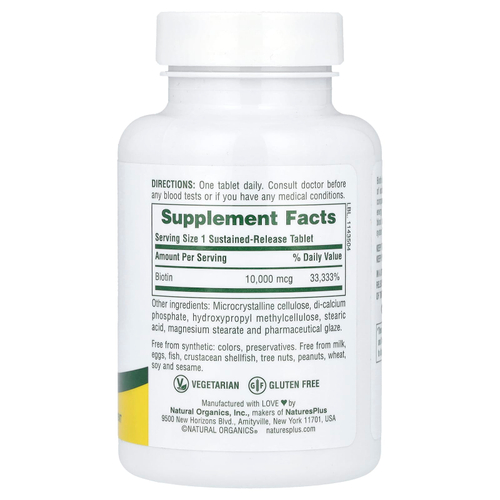 NaturesPlus, биотин длительного высвобождения, 10 000 мкг, 90 таблеток