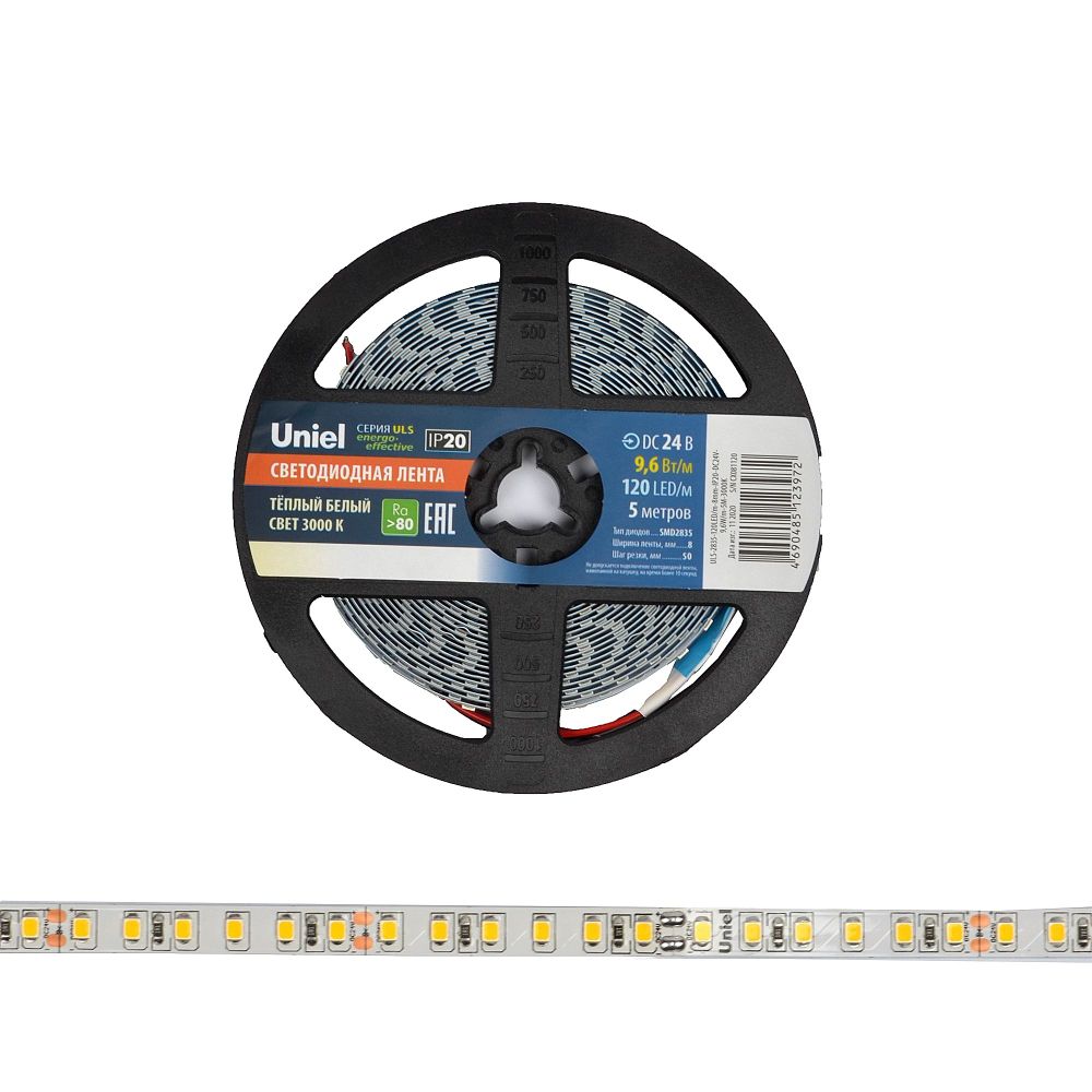ULS-2835-120LED-m-8mm-IP20-DC24V-9.6W-m-5M-3000K Гибкая светодиодная лента на самоклеящейся основе. Катушка 5 м. в герметичной упаковке. Белый свет 3000K. ТМ Uniel.
