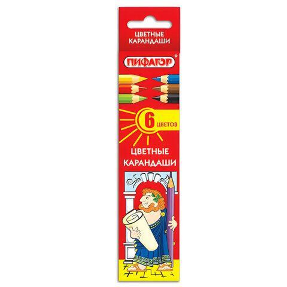 Карандаши цв. 6цв. 3мм. шестигран. дерево (Пифагор)