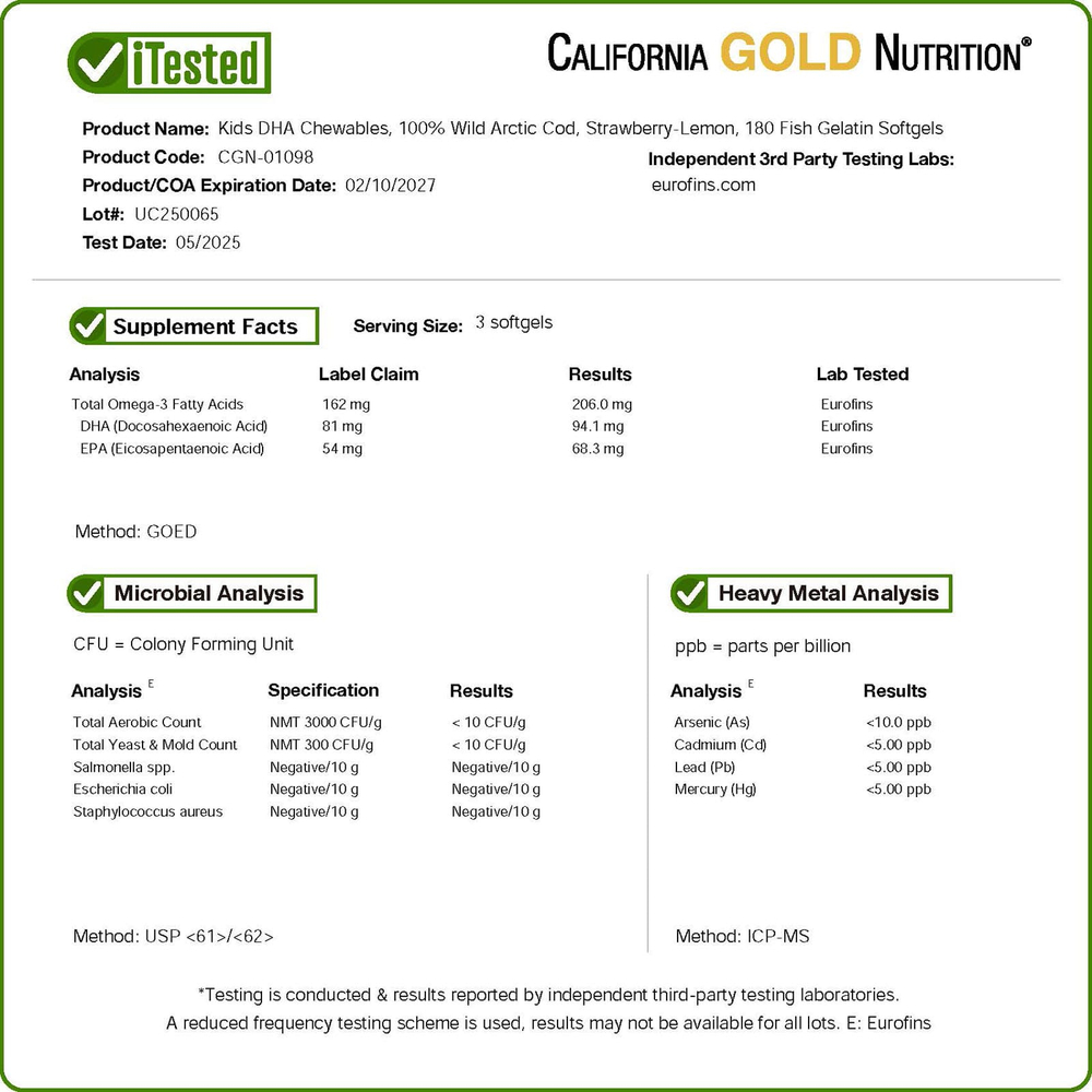 California Gold Nutrition, жевательные таблетки с ДГК для детей из 100% дикой арктической трески, клубника и лимон, 180 капсул из рыбьего желатина