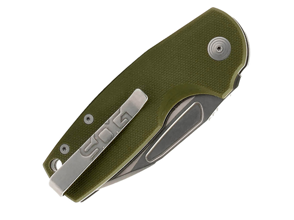 Нож складной SOG Stout SJ OD Green Stonewash, сталь Cryo D2, рукоять G10, 96г