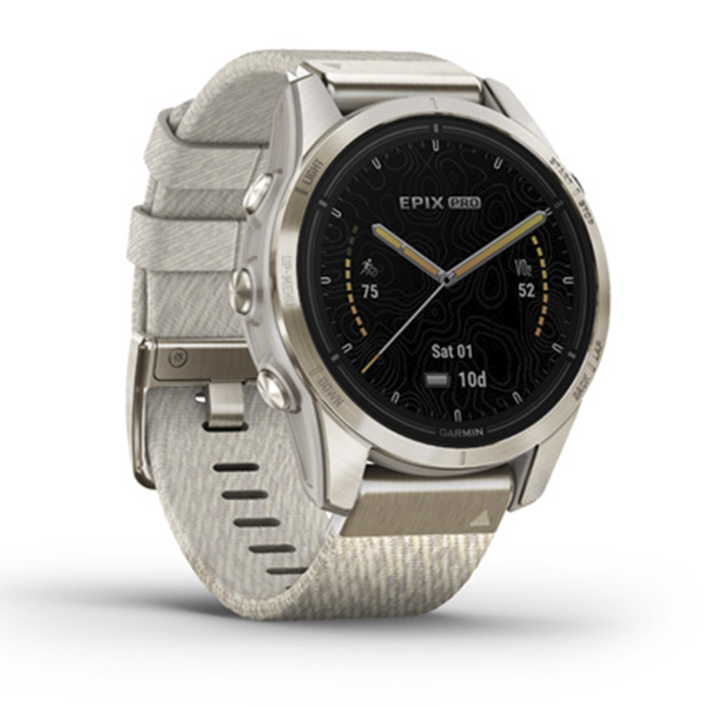 Умные часы Garmin Epix Pro (Gen 2) Sapphire Edition 42 мм из мягкого золота с кремовым ремешком из меланжевого нейлона