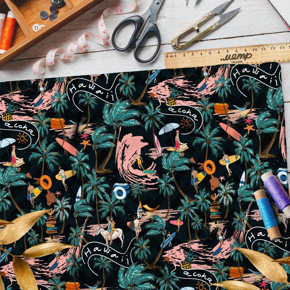 Ткань атлас сёрфинг, пальмы и волны на чёрном фоне
