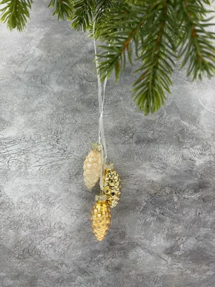 Набор стеклянных украшений Гроздь Шишек, 3 шт., 6 см., золото, жемчужный, Christmas DeLuxe (89876)