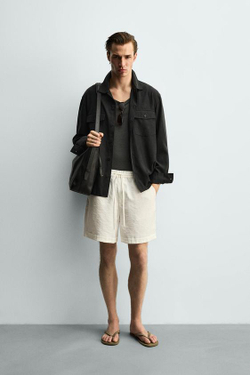 ZARA ШОРТЫ RELAXED FIT ИЗ СТРУЯЩЕЙСЯ ТКАНИ, ЖЕЛТОВАТО-БЕЛЫЙ