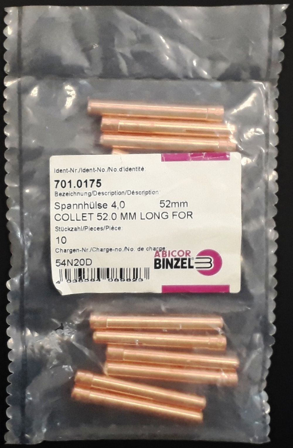 701.0175 Цанга 4,0х52,0 мм сварочной горелки TIG Abicor Binzel