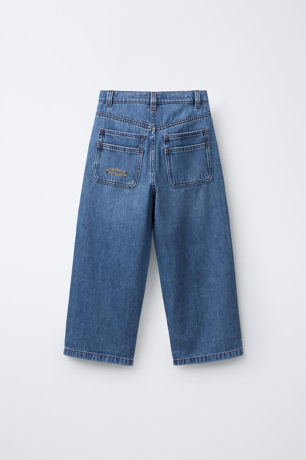 ZARA ДЖИНСЫ СВОБОДНОГО КРОЯ С ВЫШИВКОЙ, ВЫЦВЕТШИЙ СИНИЙ