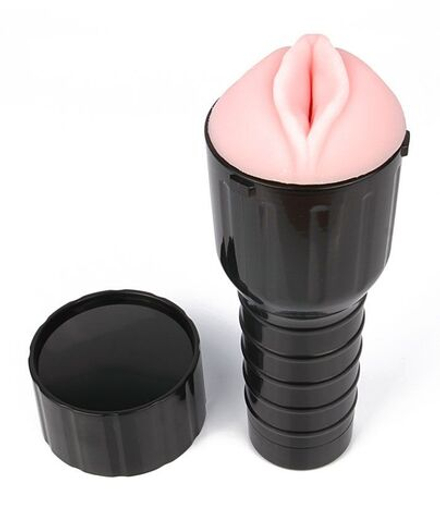 Телесный мастурбатор-вагина в пластиковой черной колбе