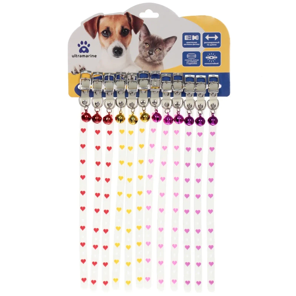 Ошейник для кошек с колокольчиком 1*30см «Neon-Сердечки» светящийся (минивложение 12шт)