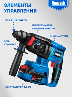 Перфоратор бесщеточный аккумуляторный VNIISSOK 2Дж, V-18В